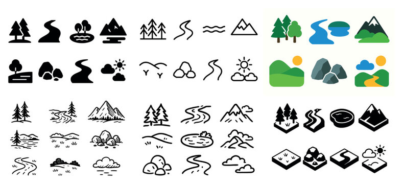 Nature icons collection of trees, rivers, and mountains