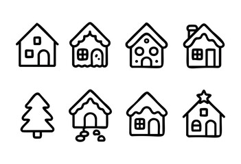 Fototapeta premium Eight simple illustrations of houses and a tree showcase different designs, featuring Christmas decorations like snow and a star. Ideal for holiday-themed projects or crafts.
