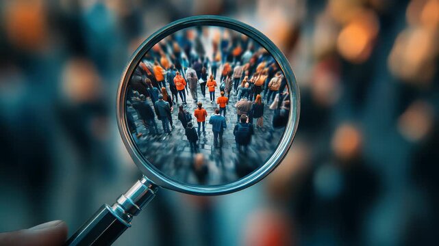 HRM or Human Resource Management, Magnifier glass focus to manager icon which is among staff icons for human development recruitment leadership and customer target. resume, interview. generate by AI