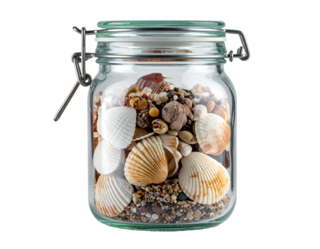 Jar Filled with Seashells and Pebbles from the Beach