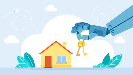 Humanoid robot hand with key, artificial intelligence, assistant, data security, protection. Investing money in real estate. House loan, property mortgage. Power of AI. Vector illustration.