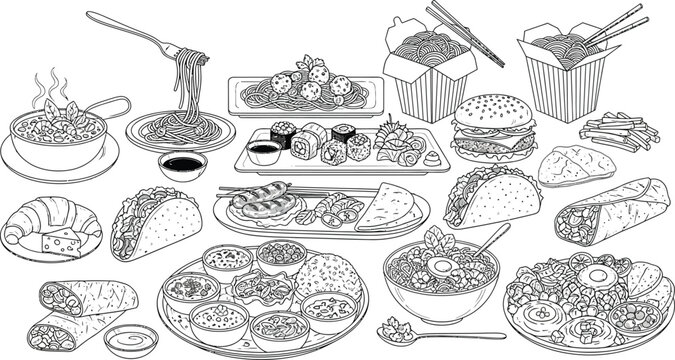 Food Pasta, Soup, Sushi, Burger, Taco, Shawarma on White Background