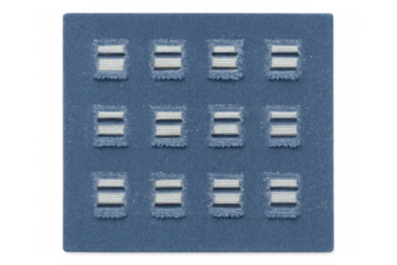 Microchip surface featuring a grid of small, embedded electronic components, representing advanced technology and digital data processing