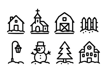 Fototapeta premium A charming winter scene features various elements like houses, a church, a snowman, and a tree, all surrounded by snow. The artistry captures the cozy feel of a snowy day.