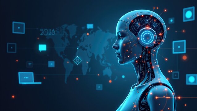 A woman listening to music with a world map behind her, ideal for representing travel, adventure, or music-related concepts - Powered by Adobe