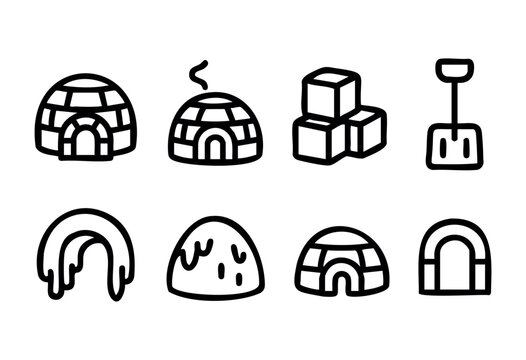 Various drawings show igloos, snow blocks, and a shovel, capturing a winter scene with cozy elements. The designs highlight the chilly atmosphere and snowy surroundings.