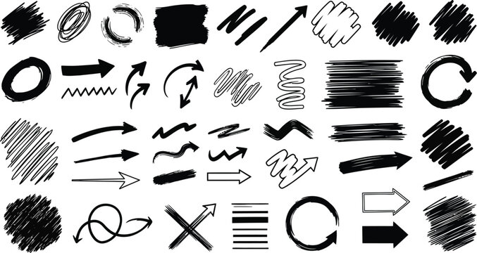 Collection of hand drawn black ink scribbles arrows circles squares and abstract shapes on a white background