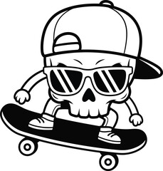 Cool cartoon skull wearing sunglasses and a baseball cap riding a skateboard in a dynamic pose