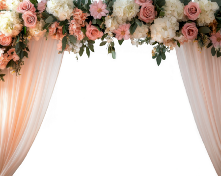 Elegant Floral Wedding Arch with Pink and White Roses and Draped Curtains