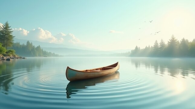 Serene canoe floating on calm lake surrounded by misty mountains and pine forest