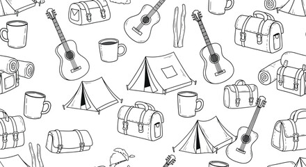 Collection of hand drawn sketches of camping gear including tents backpacks and guitars with mugs scattered across a white background