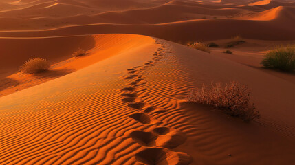 Desert Footprints Trail: Sunset Dunes and Shrubs with Light Shadows, for Travel Adventure Nature Scenery Design