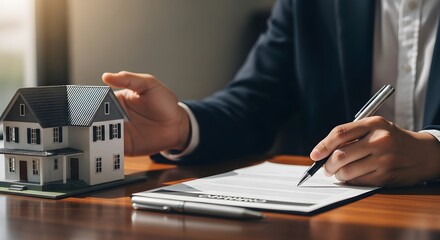 Fototapeta premium A man in a suit signs a contract next to a miniature house on a wooden desk, representing real estate or property investment.