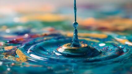 Liquid Harmony: Capture the delicate dance of a single water droplet as it plunges into a vibrant pool of colors, creating concentric ripples that showcase the beauty of water and hues