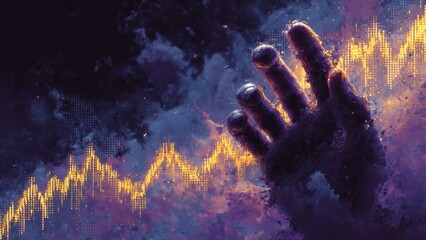 A stylized digital painting of a holographic growth chart projected onto a hand. Features a soaring line graph, bold up-arrow, and a rich violet and gold futuristic color scheme.