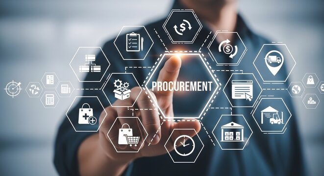 A man's finger touches a "Procurement" icon surrounded by related symbols representing various aspects of the process, including finance, logistics, and supply chain management.
