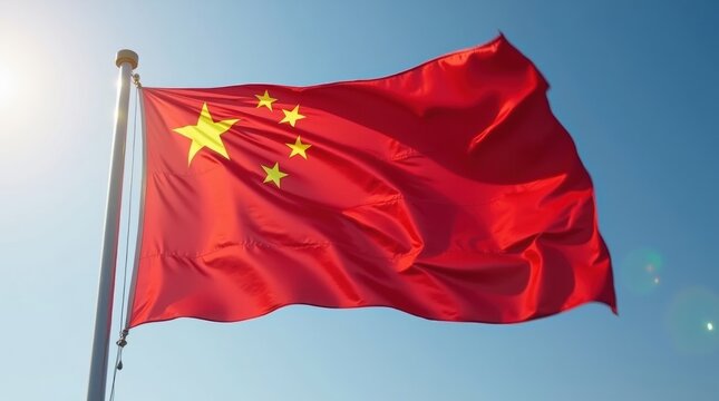 Chinese flag waving in the wind against a clear blue sky