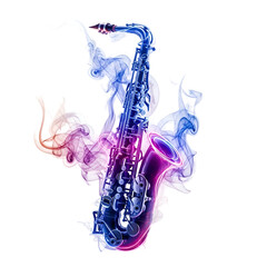 Obraz premium Vibrant saxophone with colorful smoke a musical instrument illustration.