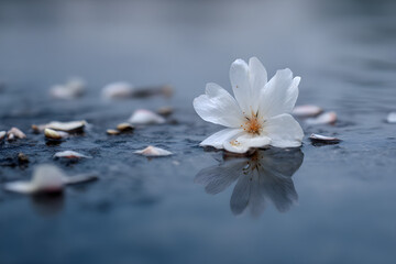 fallen white petal resting on calm water surface with natural reflection creating a peaceful condolence scene
