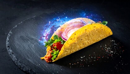 Tacos on a Slate Plate with a Cosmic Background.