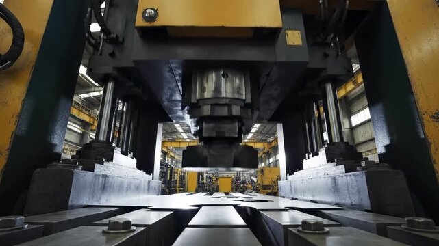 Industrial hydraulic press machine with massive cylinders and metal platform in bright manufacturing facility. Heavy duty metalworking equipment for stamping, forging and steel fabrication operations