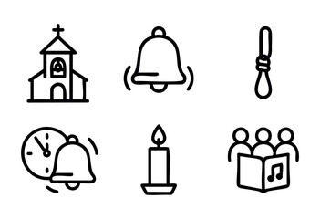 Bell rings to signal the start of a church service as worshippers gather. A candle is lit, adding to the serene atmosphere. Time symbol indicates the schedule for the event.