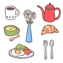 手書きのオシャレな朝食イラストセット