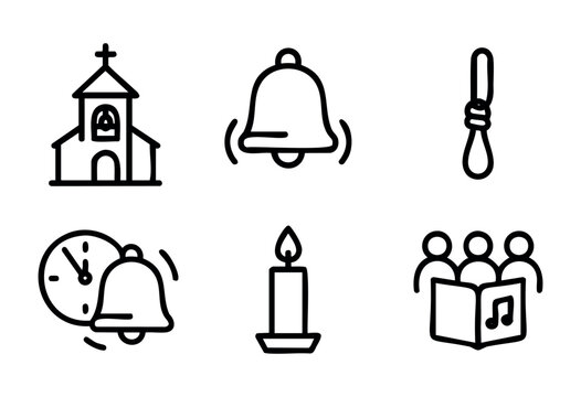 Bell rings to signal the start of a church service as worshippers gather. A candle is lit, adding to the serene atmosphere. Time symbol indicates the schedule for the event.