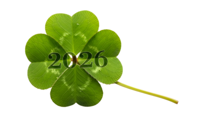 Lucky four leaf clover with 2026 number isolated on transparent background