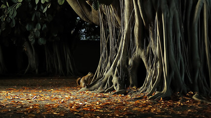 Autumn Forest Squirrel: Big Tree with Fallen Leaves in Serene Scene, for Nature Animal Science Design