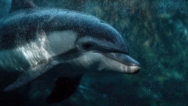 dolphin swimming underwater with bubbles around it Concept Underwater dolphin portrait, Bubbles surrounding the dolphin, Dynamic ocean wildlife photography, Clear blue water backdrop