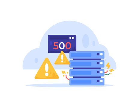 error 500. error message on website. Internal Server Error. illustration of a broken server device with warning sign and cloud elements. concept or metaphor. flat style. white background.