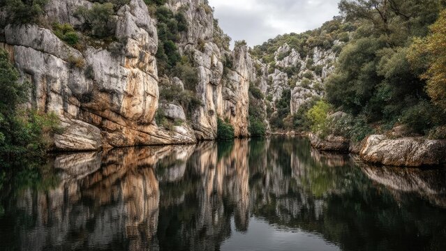 A tranquil river flows through a canyon of towering rocky cliffs, with trees lining the banks reflected in the still water. Concept Tranquil river scene, Canyon cliffs, Tree-lined banks