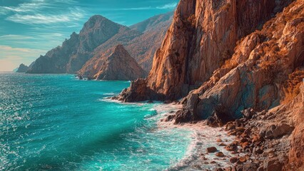 Turquoise sea along rugged orange cliffs and a rocky shoreline under a clear sky. Concept Turquoise Sea, Rugged Orange Cliffs, Rocky Shoreline, Clear Sky, Coastal Landscape