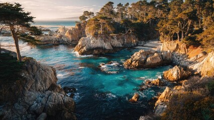 Sunlit turquoise water pools between rugged rocks, with pine trees lining a dramatic rocky coastline. Concept Sunlit turquoise water, Rugged rocky coastline, Pine trees along shore