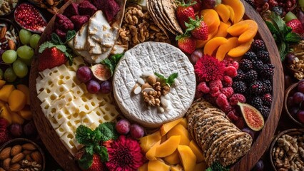 Round cheese board with a central soft cheese wheel, surrounded by sliced cheeses, crackers, grapes, berries, dried fruit and nuts. Concept Cheese board styling, Soft cheese centerpiece