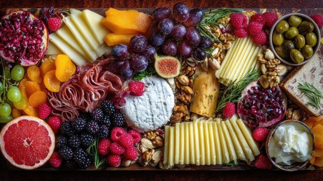 Colorful charcuterie board with sliced cheeses, salami, grapes, berries, pomegranate, figs, olives, nuts, and bread. Concept Colorful charcuterie board, Cheese and salami assortment - Powered by Adobe