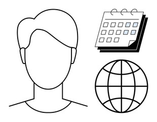 Minimalist head silhouette beside calendar and globe. Ideal for global networking, scheduling, productivity, collaboration, events, communication, and planning in a simple flat metaphor