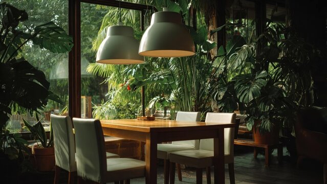 Wooden dining table with white chairs in a lush indoor plant-filled room, with large windows and hanging pendant lamps. Concept Plant-filled Room, Natural Light, Wooden Dining Table, White Chairs