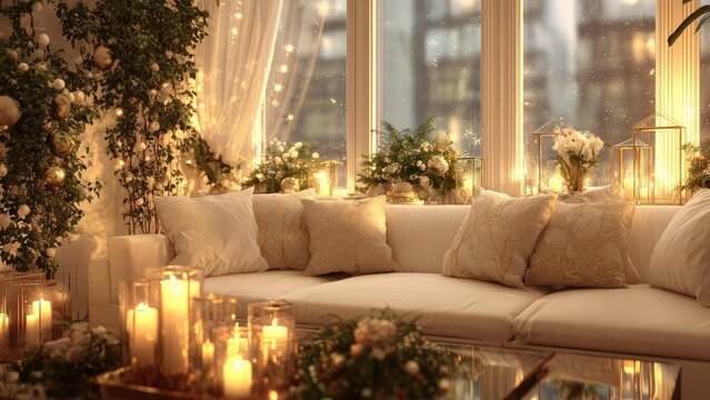 Cozy cream sofa area bathed in warm candlelight with glass lanterns, white flowers, and twinkling fairy lights. Concept Candlelit Cozy Living Room, Cream Sofa Setup, Glass Lanterns & Fairy Lights - Powered by Adobe