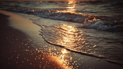 Sunset on a shoreline with waves gently washing ashore, the orange glow reflecting off the wet sand. Concept Sunset Beachscape, Waves at Dusk, Golden Hour Glow, Wet Sand Reflections