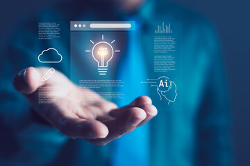 Businessman Holding Virtual Screen with AI, Idea, and Cloud Icons, Digital Innovation, Technology Strategy, and Smart Creativity