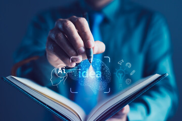 Businessman Writing on Notebook with AI Brain and Idea Icons, Innovation, Digital Creativity, and Technology Driven Thinking