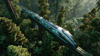 A futuristic high-speed train on an elevated track winding through a dense rainforest. Concept Futuristic high-speed train, Elevated rail, Dense rainforest, Eco-friendly transit, Winding route