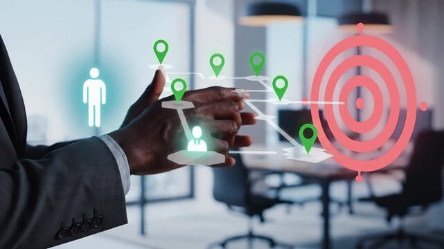Business professional interacts with digital interface displaying customer journey mapping and target audience analysis. Visual representation connects user profiles through multiple location points