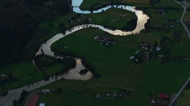 Stryn Norway: river meanders across farms and grassy fields &ndash; aerial