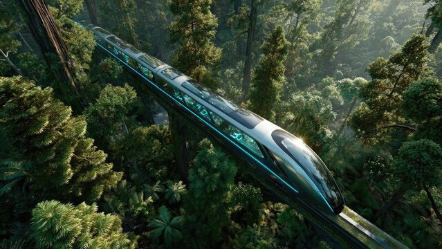 A futuristic high-speed train on an elevated track winding through a dense rainforest. Concept Futuristic high-speed train, Elevated rail, Dense rainforest, Eco-friendly transit, Winding route
