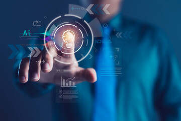 Businessman touching virtual interface, brain-lightbulb icon, innovation, AI, creativity, technology, business ideas, future tech