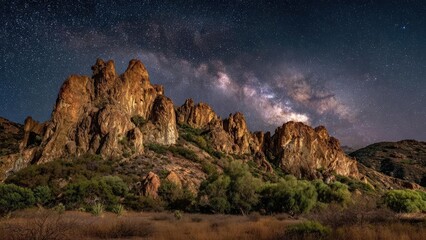 Milky Way over jagged orange rock formations and desert shrubs under a clear, star-filled night sky. Concept Milky Way Landscape, Desert Night Sky, Orange Rock Formations, Starry Sky Photography