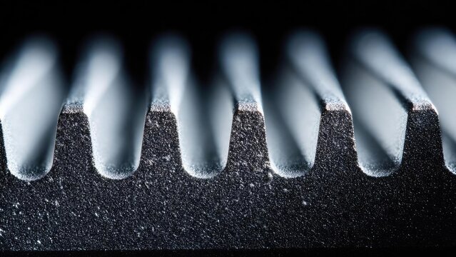 Close-up of evenly spaced rounded metal teeth on a dark surface, resembling a serrated edge. Concept Close-up, Rounded metal teeth, Serrated edge detail, Dark textured surface, Industrial macro